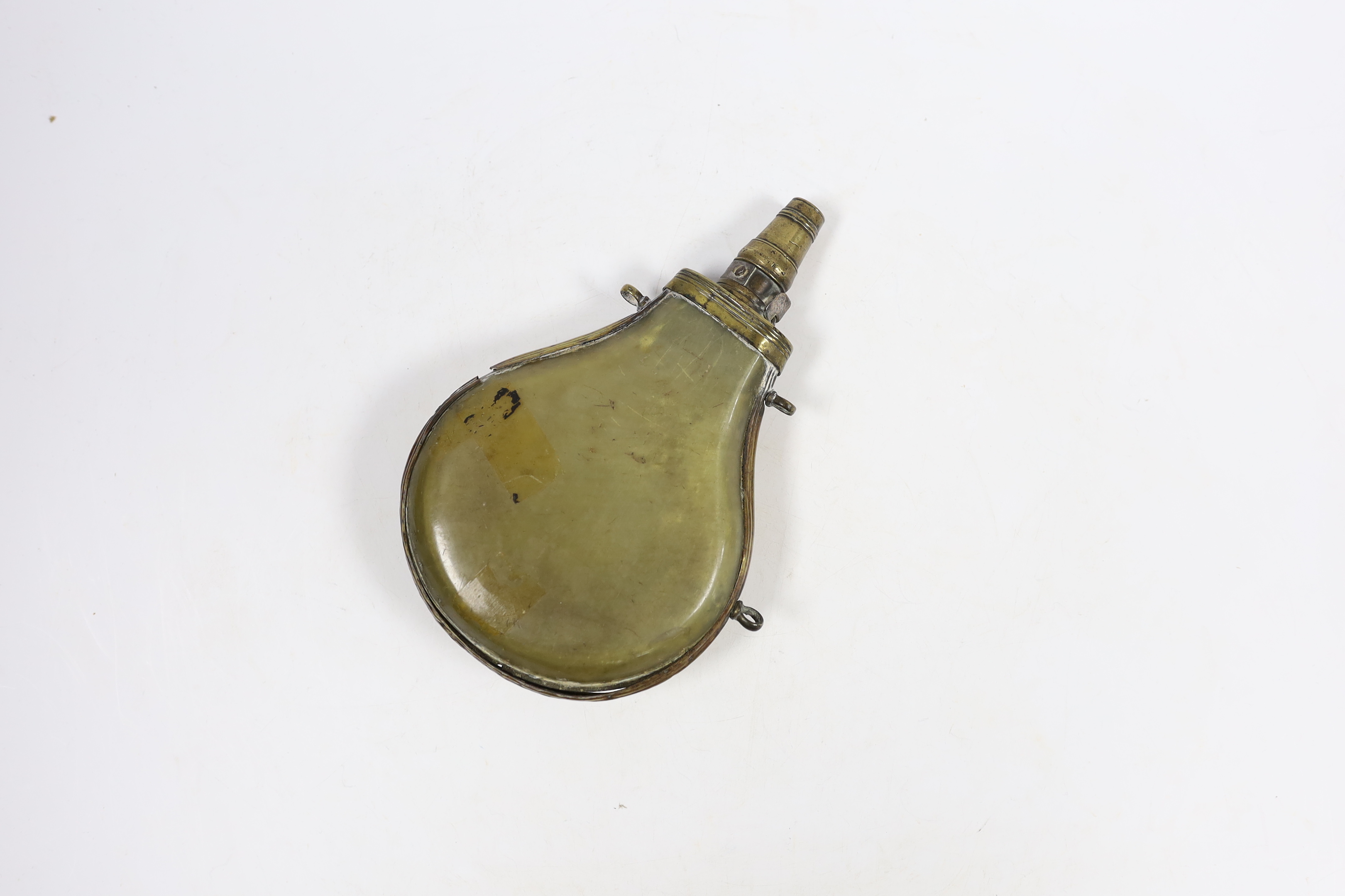 A Scottish brass and horn shot flask (a.f.)